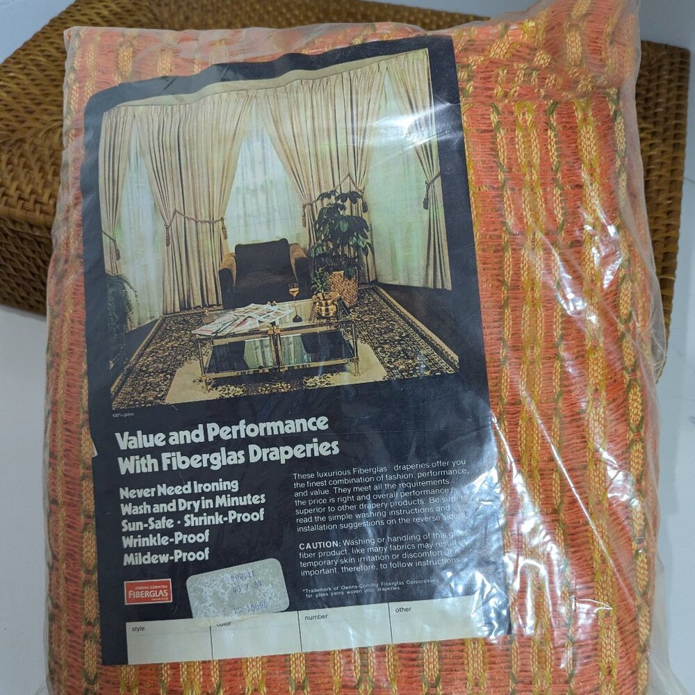 Vintage Retro Boho 1970's NEW IN PACKAGE Draperies (woven orange/yellow/green)